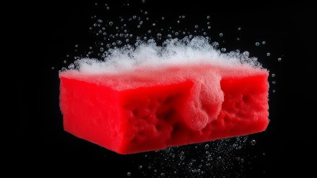 A red sponge on a black background in thick foam.