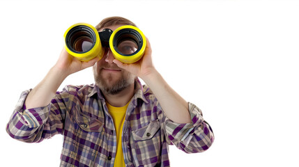 A man on a white background looks through binoculars
