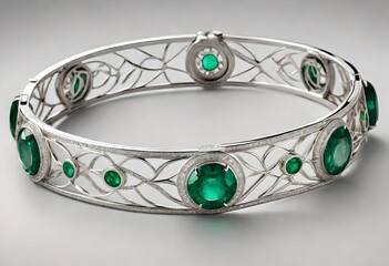 A white gold bracelet has an openwork style, green and silver bracelet