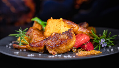 On a black porcelain plate, rack of lamb with fried polenta and hot peppers. Restaurant menu. Homemade food. Very beautiful and appetizing.