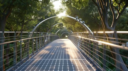 A pedestrian bridge covered with solar panels, transforming sunlight into sustainable energy for a city.