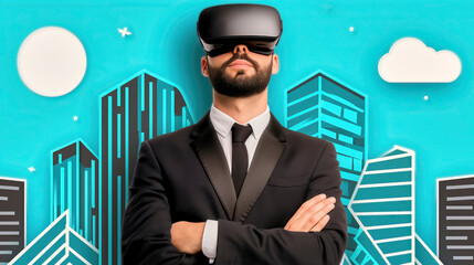 Businessman exploring virtual reality cityscape