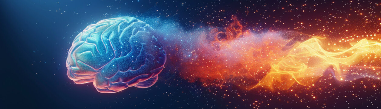 A 3D polygon brain bursting with a spectrum of colors symbolizing the explosive impact of brainstorming and the spark of inspiration hyper realistic