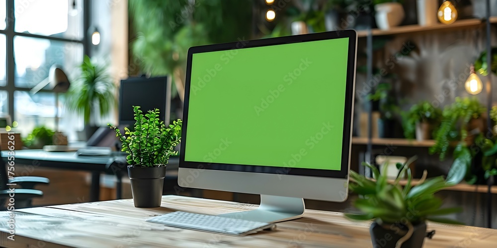 Poster creating digital content in modern office workspace with green screen monitor. concept green screen 