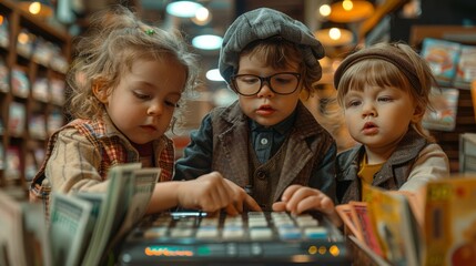 Three-year-old toddlers dressed in business attire gather around a toy cash register, engaged in a pretend business transaction. They exchange play money and goods