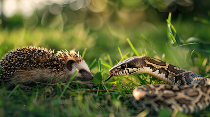 Obraz premium Hedgehog and snake in the grass 