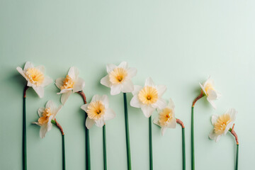 Daffodils flat lay on light green table. Hello spring, floral banner. Beautiful daffodil flowers. Happy Easter, mothers day, womens day concept. Top view, copy space
