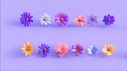 Bright flowers of different shapes in a row on a light background.