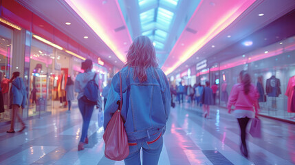 Shopping mall 1980s style with people, motion blur, blurred abstract background
