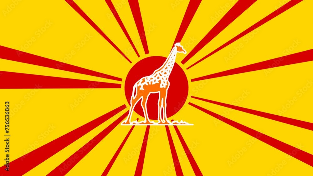 Poster wild giraffe symbol on the background of animation from moving rays of the sun. large orange symbol 