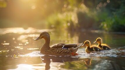 A playful family of ducks wading in a calm river, with the sunlight creating shimmering reflections on the water. - obrazy, fototapety, plakaty