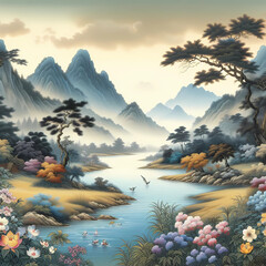 traditional Chinese landscape painting featuring mountain, river, flower, pine tree and crane bird.