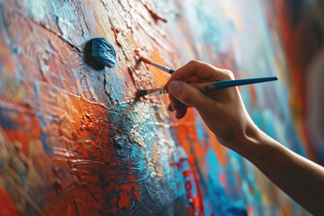 A person using a paintbrush to create a mural on a wall. This image can be used for artistic projects and interior design inspirations