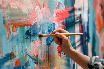A person using a paintbrush to create a mural on a wall. This image can be used for artistic projects and interior design inspirations