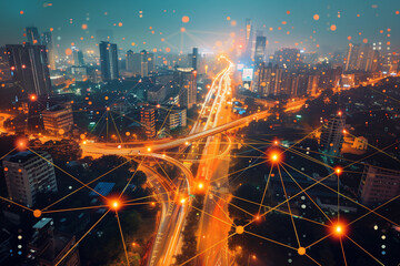 Fototapeta na wymiar Abstract glowing connectivity line with city on background. Big data network connection and technology concept