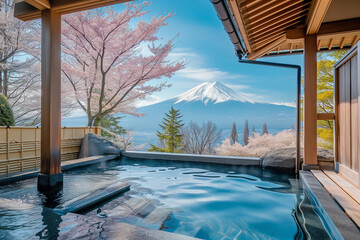 Japanese outdoor hot springs (Onsen) overlooking Mount Fuji and Sakura tree from luxury hotel room
