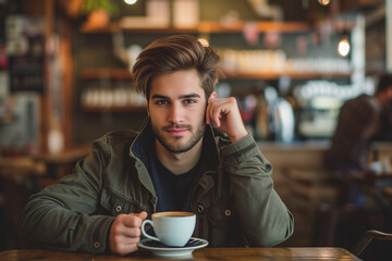 Portrait of handsome young man  sitting in coffee shop on weekend. Lifestyle concept