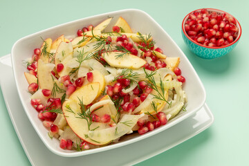 Fennel and apple salad with dill and pomegranate arils on a white plate. Small bowl with pomegranate arils on the side.
