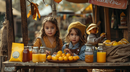 Cute children selling fresh homemade lemonade outdoors. Wating for customers. First business idea and sturtup concept - obrazy, fototapety, plakaty