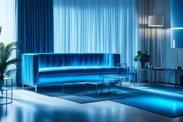 living space with furniture and illuminated blue glow