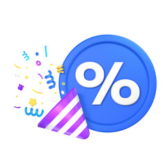 Discount creative composition. 3d sale symbol with decorative confetti. Sale banner and poster. Vector illustration.