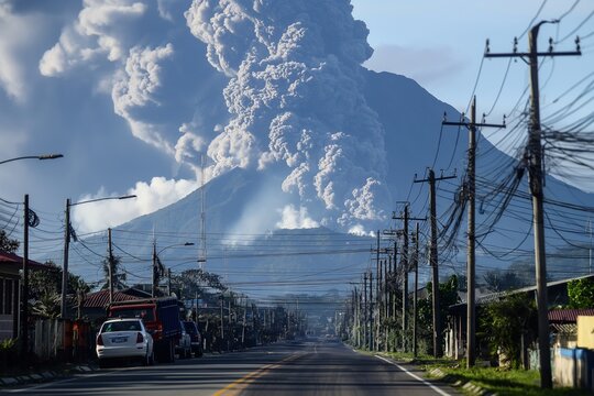The majestic Mayon Volcano in mid-eruption, viewed from a village street