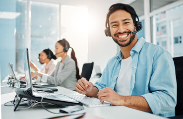 Call center, customer support and portrait of man on laptop for consulting, networking and online help in office. Telemarketing, communication and happy worker for CRM business, service and sales - obrazy, fototapety, plakaty