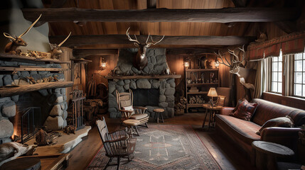 Fototapeta na wymiar Rustic Retreat: Canadian Hunter's Cabin Interior