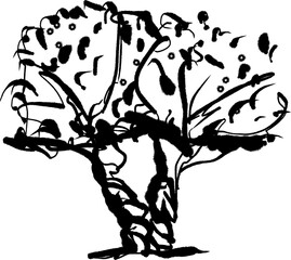 Olive tree. Hand drawn ink vector black illustration isolated on white background 