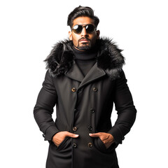 Front view mid body shot of an extremely handsome male Indian model wearing a modernized fur coat with sunglasses on a white transparent background.
