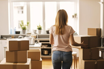 Back view of woman moving arrange cardboard box home moving or renovation apartmen