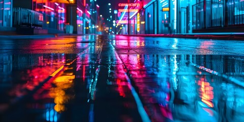 Neon lights reflected on wet pavement: Abstract urban night scene. Concept Urban Photography, Neon Lights, Night Scenes, Abstract Art, Wet Pavement