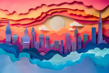 A whimsical paper art city skyline set against a layered backdrop of waves and a warm sunset sky.