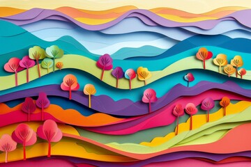 A vibrant, multi-layered paper cutout art piece, depicting a stylized landscape with colorful trees and rolling hills. - 756538474
