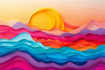 A paper art depiction of an abstract ocean at sunset with waves in a gradient of warm and cool...