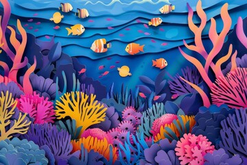 Fototapeta na wymiar Paper art depicting a vibrant underwater coral reef scene with colorful fish swimming amongst the coral.