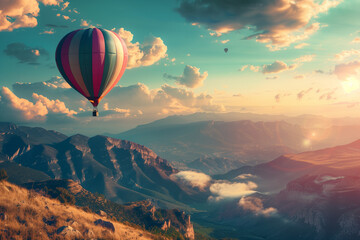 beautiful inspirational landscape with hot air balloon flying in the sky, travel destination - obrazy, fototapety, plakaty