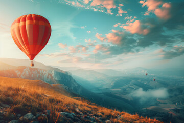 beautiful inspirational landscape with hot air balloon flying in the sky, travel destination