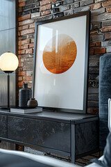 A mockup for a vertical frame, empty frame, no content in the frame, on a sleek modern nightstand, leaning on furniture, minimalist and sleek, set in a contemporary bedroom, in the background you see 