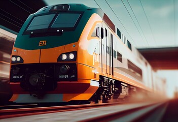 Electric passenger train drives at high speed among urban landscape
