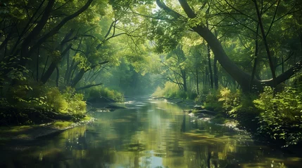 Fotobehang A tranquil river flowing through a dense forest, with overhanging branches creating dappled reflections on the water. © Dave