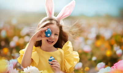 child with painting eggs outdoors