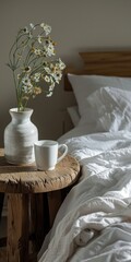 Rustic Bedside Serenity: Natural Cotton Bedding and Decor in Luxury Home Setting