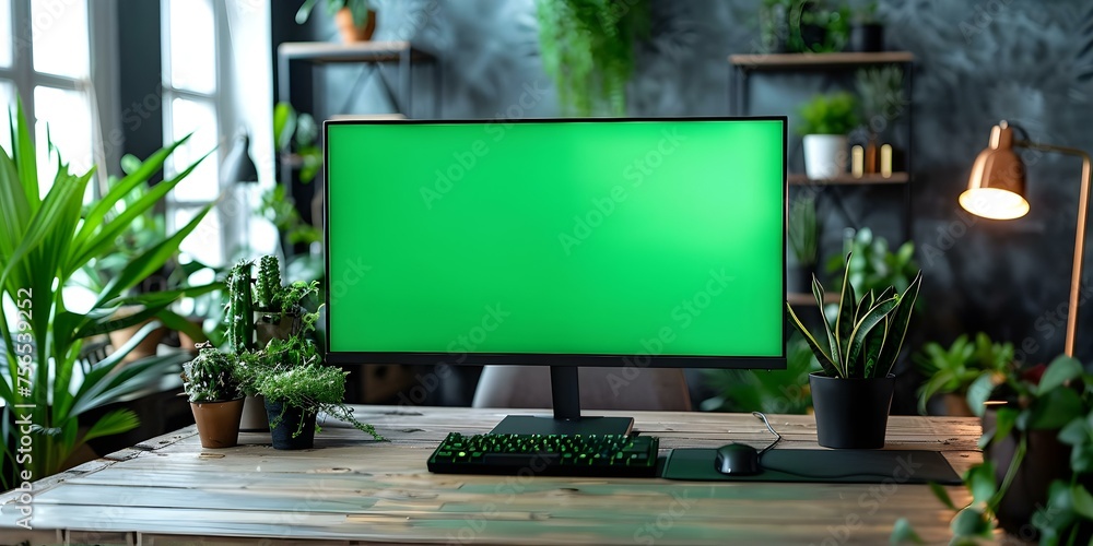 Poster workspace setup with blank green screen monitor on the desk . concept green screen, workspace setup,