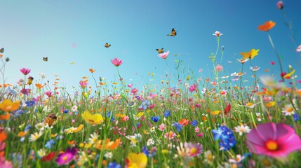 A vibrant field of wildflowers in various colors, buzzing with bees and butterflies under a clear blue sky.