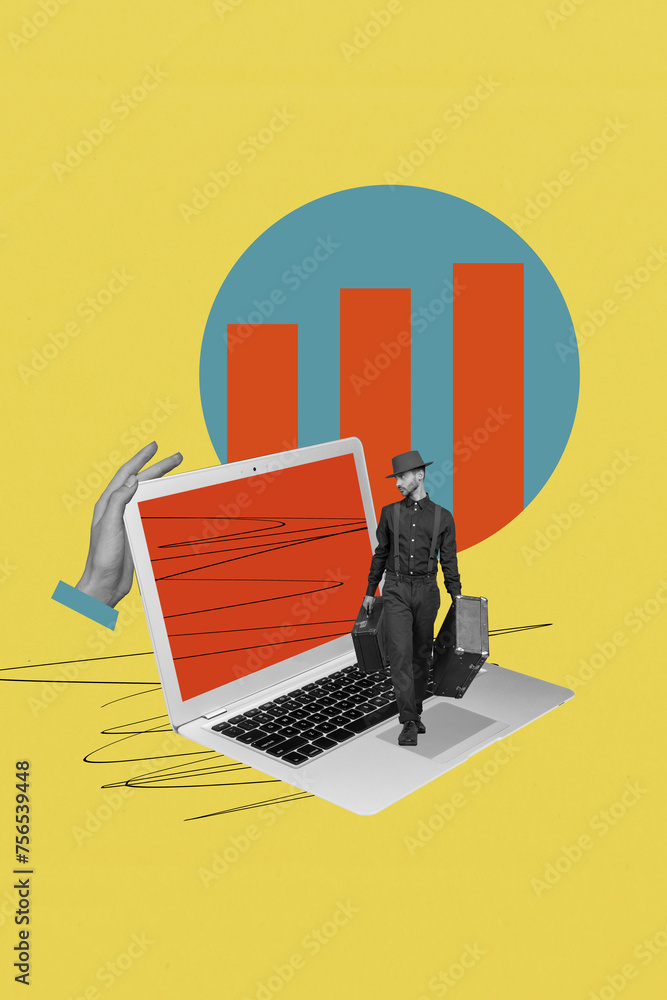 Poster abstract template graphics collage image of cool guy holding suitcases walking modern gadget isolate