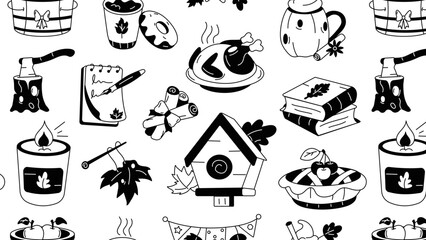 An autumn theme pattern designed with various elements of festive foods, fall festivities, and thanksgiving theme 