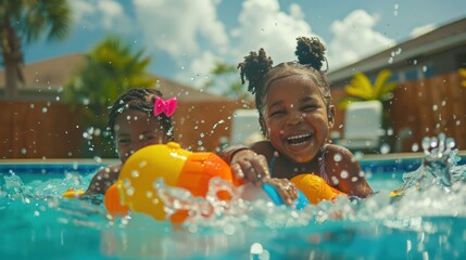 A close-up portrait capturing the pure joy of a family playing with water toys in the pool - obrazy, fototapety, plakaty
