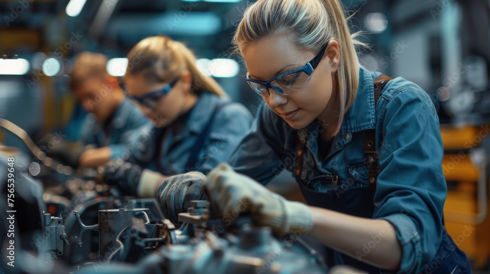 Poster focused team of engineers collaborating in car factory assembly line