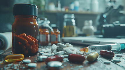 A bottle of pills rests on a table beside a mound of medications - obrazy, fototapety, plakaty